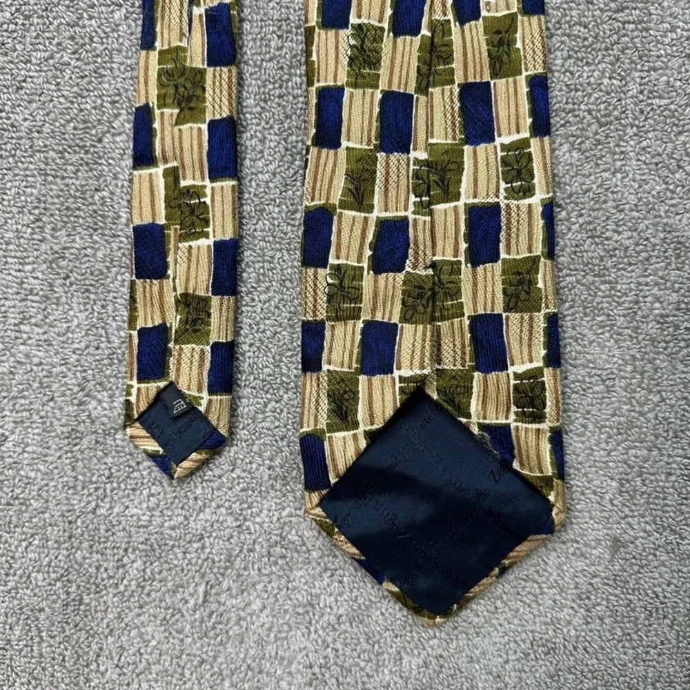 Ermenegildo Zegna Silk Tie Blue Green Tan Geometric Patchwork Made in Italy